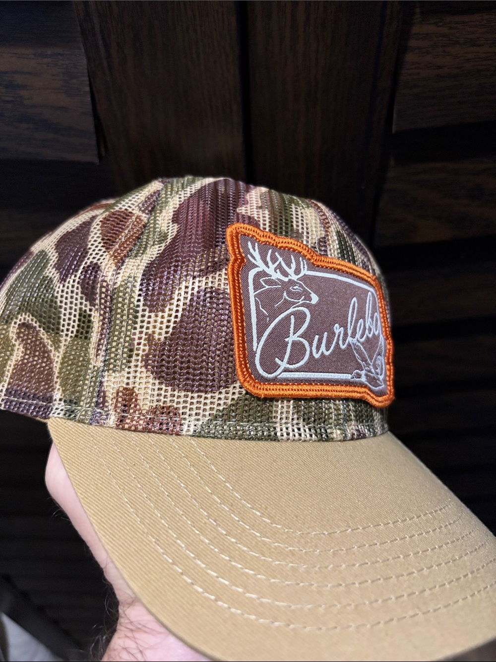 BURLEBO Camo Mesh Hat with Brown Brim - Plastic Snap with Woven Label Closure